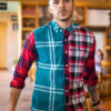Camisa de combinaciones de cuadros gris y rojos EQ349 — detalle de tela