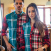 Camisa de combinaciones de cuadros gris y rojos EQ349 — detalle
