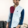 Camisa de combinaciones blanca, azul marino y vino EQ371 — en modelo