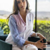 Camisa de combinaciones blanco, rosa y azul cielo EQ394 — detalle de tela