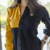 Camisa de combinaciones negro y amarillo FOR2734 — detalle de tela