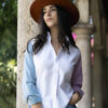 Camisa de combinaciones blanca, verde y cereza FOR2731 — detalle de tela