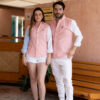 Camisa de combinaciones naranja, azul cielo y blanco EQ419 — vista posterior