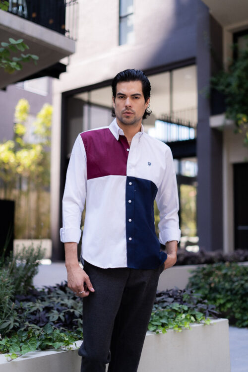 Camisa de combinaciones vino y marino EQ448 — detalle de tela