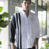 Camisa de combinaciones y franjas blanco y negro EQ463 — detalle de tela