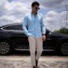 Camisa stretch de color azul aqua FOR3002 — vista lateral