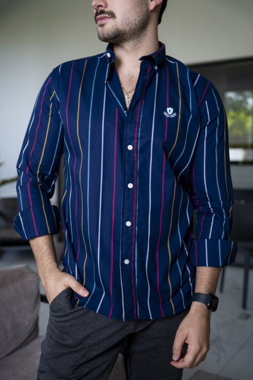 Camisa azul con rayas multicolor FOR3049 — vista posterior