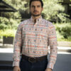 Camisa de estampados de rombos y rayas color rojo y cielo FOR3134 — detalle