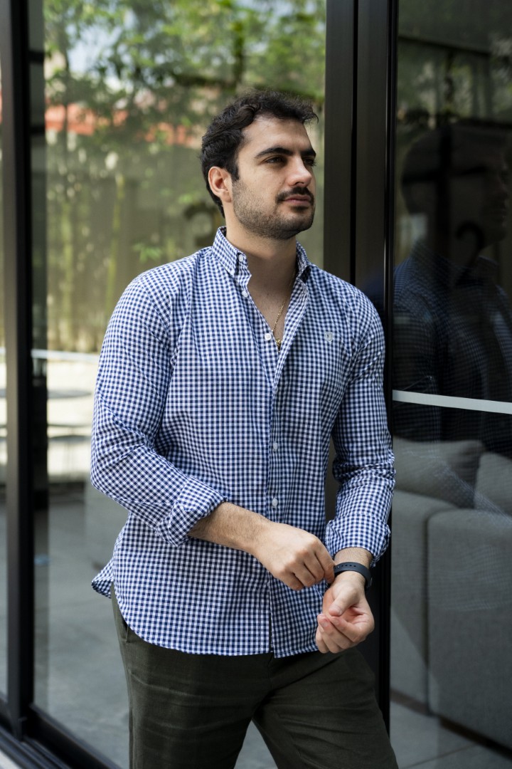Camisa de Mini Cuadros Azul, Blanco FOR3237 — vista lateral