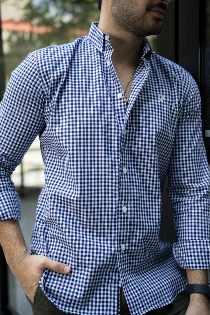 Camisa de Mini Cuadros Azul, Blanco FOR3237 — vista posterior