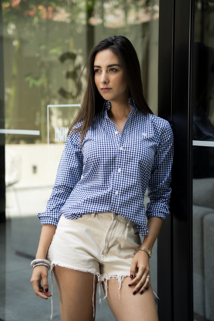 Camisa de Mini Cuadros Azul, Blanco FOR3238 — vista lateral