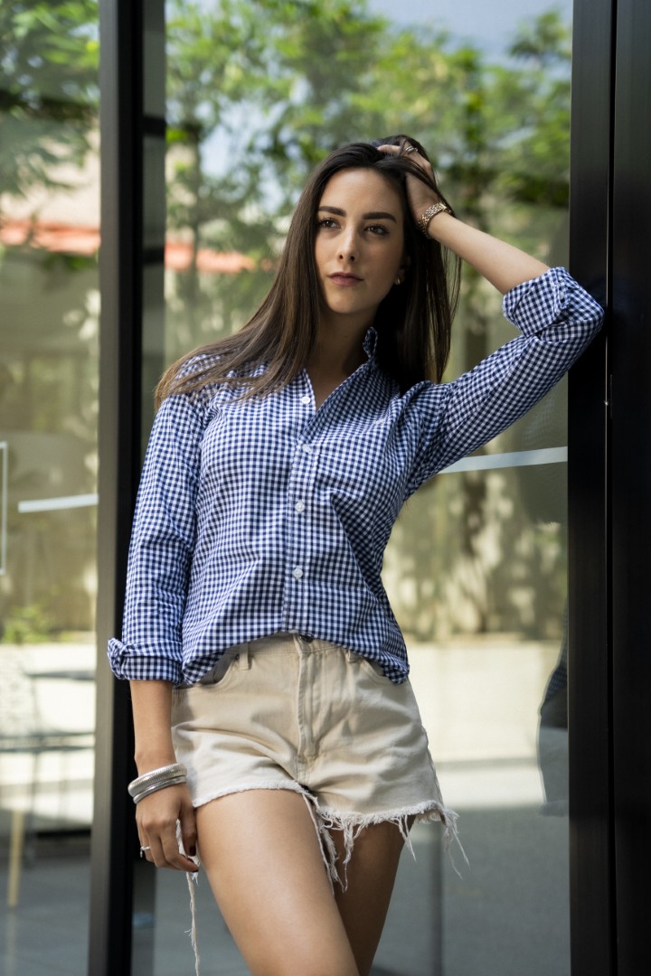 Camisa de Mini Cuadros Azul, Blanco FOR3238 — detalle